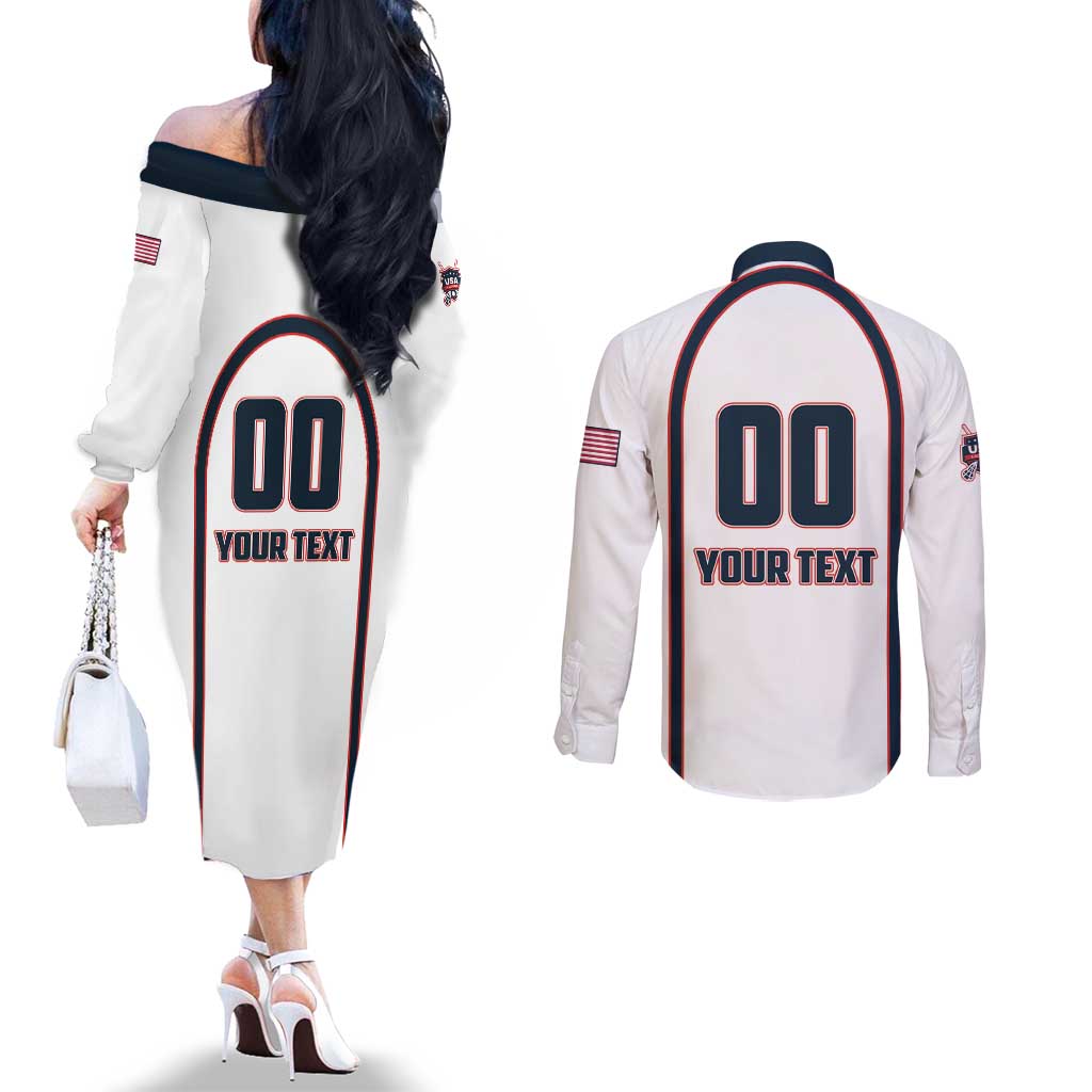 Custom USA 2025 Lacrosse Couples Matching Off The Shoulder Long Sleeve Dress and Long Sleeve Button Shirt USA Growing the Game White Version