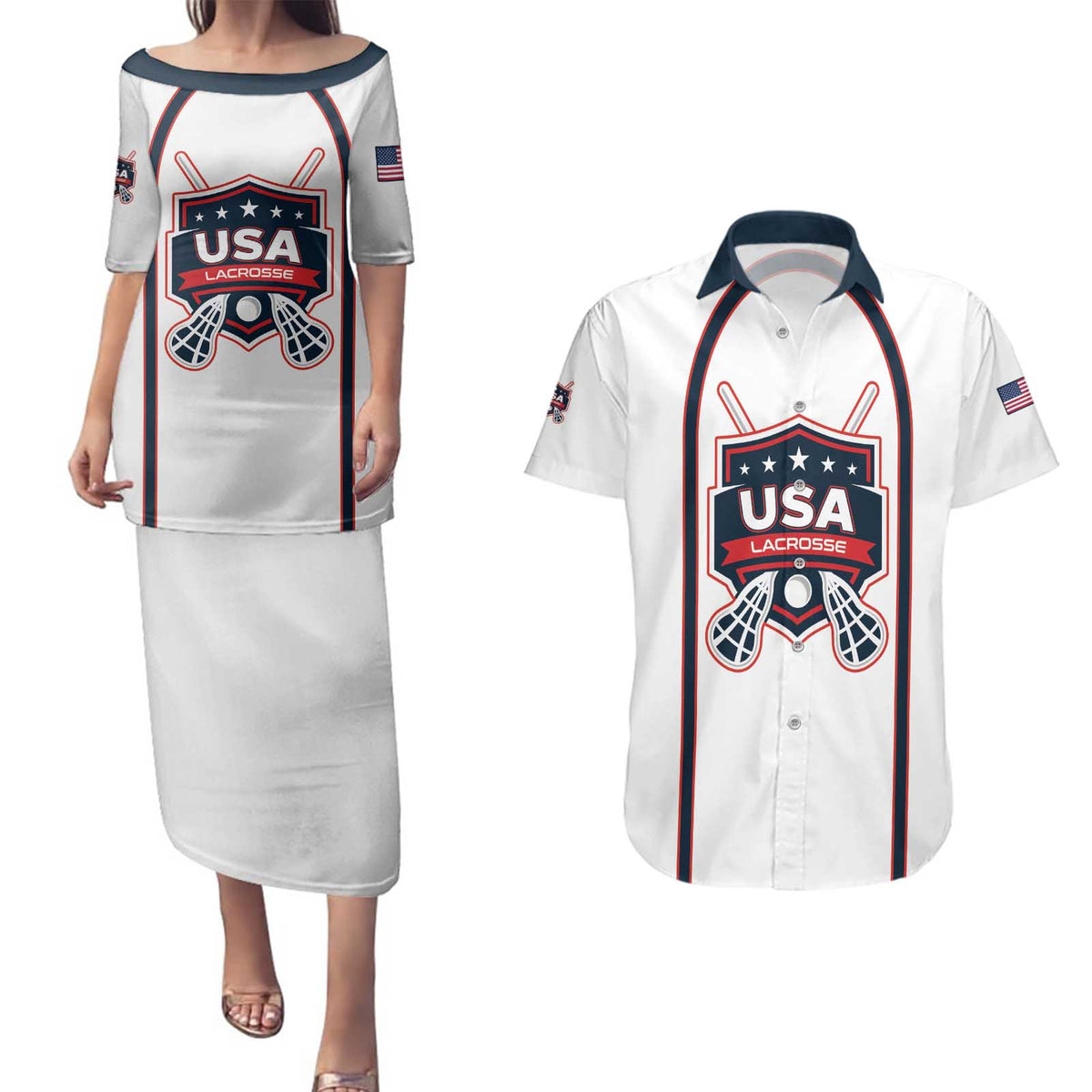 Custom USA 2025 Lacrosse Couples Matching Puletasi and Hawaiian Shirt USA Growing the Game White Version