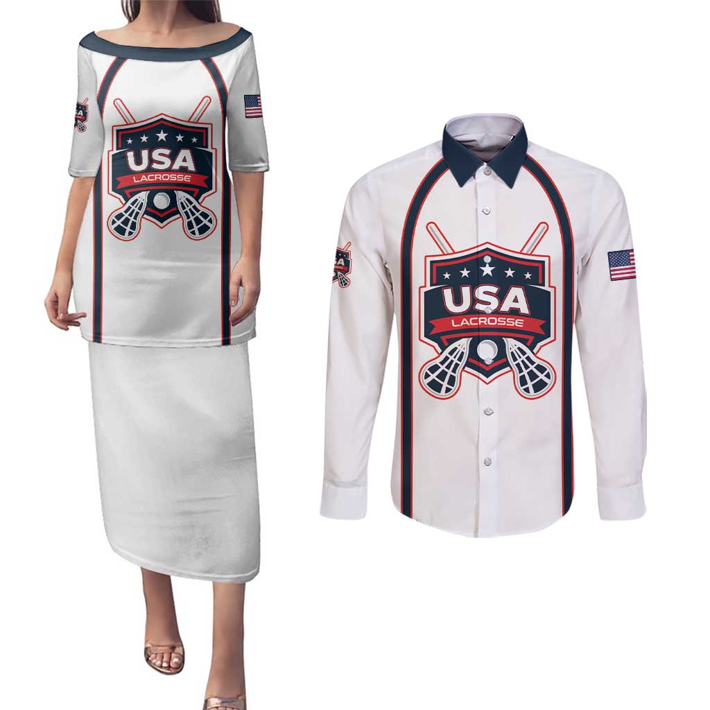 Custom USA 2025 Lacrosse Couples Matching Puletasi and Long Sleeve Button Shirt USA Growing the Game White Version