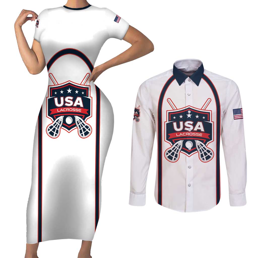 Custom USA 2025 Lacrosse Couples Matching Short Sleeve Bodycon Dress and Long Sleeve Button Shirt USA Growing the Game White Version