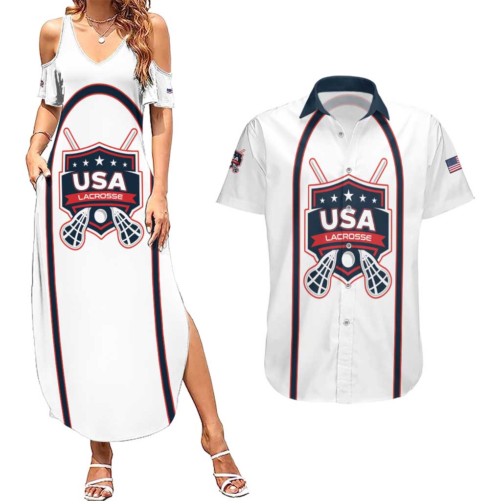 Custom USA 2025 Lacrosse Couples Matching Summer Maxi Dress and Hawaiian Shirt USA Growing the Game White Version