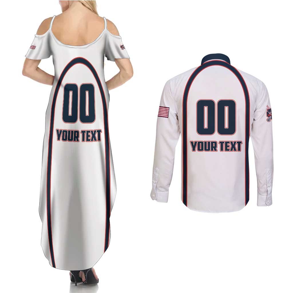 Custom USA 2025 Lacrosse Couples Matching Summer Maxi Dress and Long Sleeve Button Shirt USA Growing the Game White Version