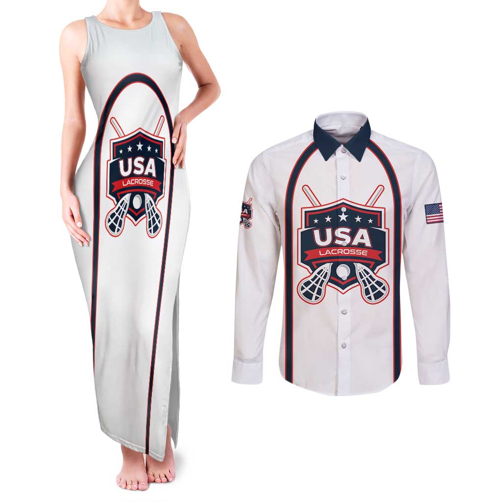 Custom USA 2025 Lacrosse Couples Matching Tank Maxi Dress and Long Sleeve Button Shirt USA Growing the Game White Version