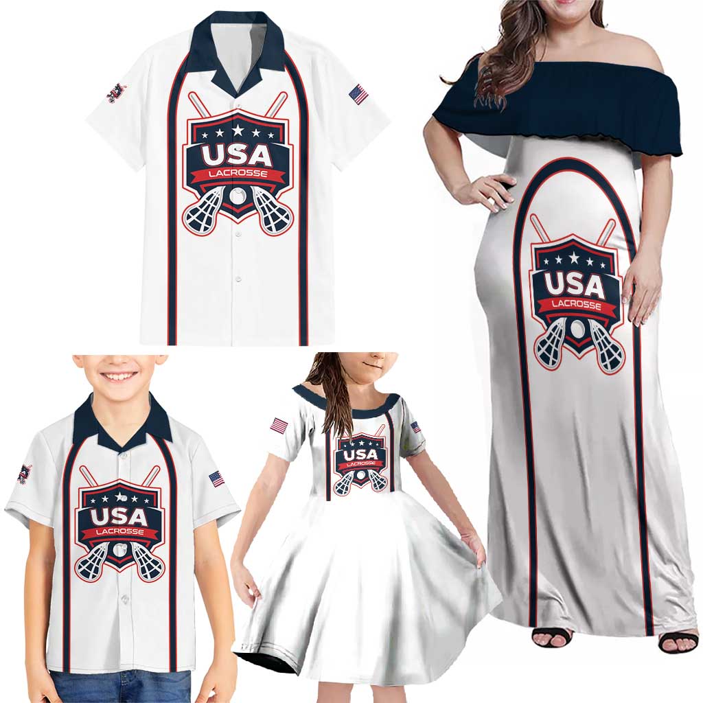 Custom USA 2025 Lacrosse Family Matching Off Shoulder Maxi Dress and Hawaiian Shirt USA Growing the Game White Version