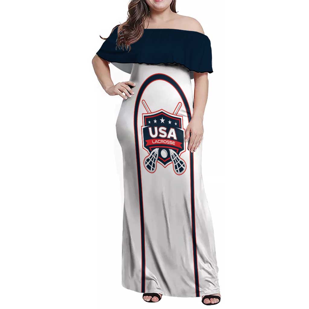 Custom USA 2025 Lacrosse Family Matching Off Shoulder Maxi Dress and Hawaiian Shirt USA Growing the Game White Version
