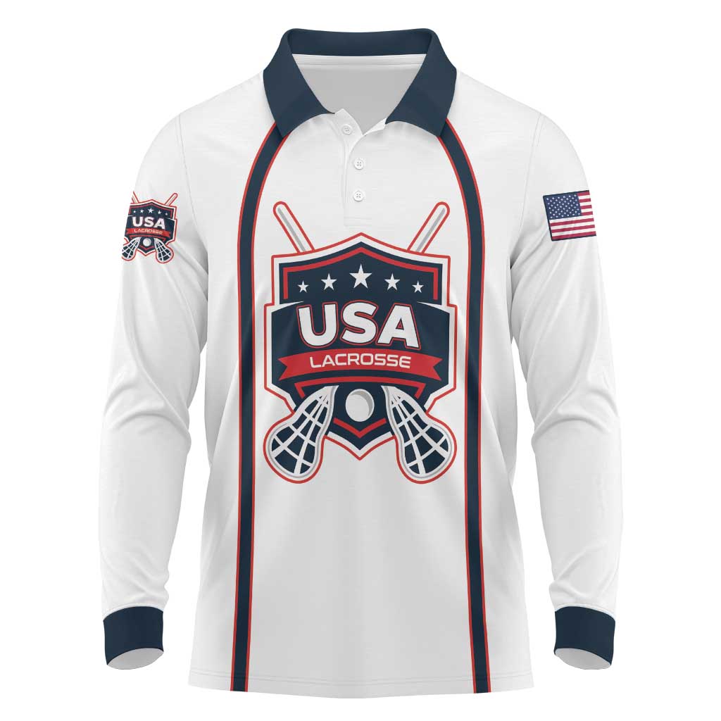 Custom USA 2025 Lacrosse Long Sleeve Polo Shirt USA Growing the Game White Version