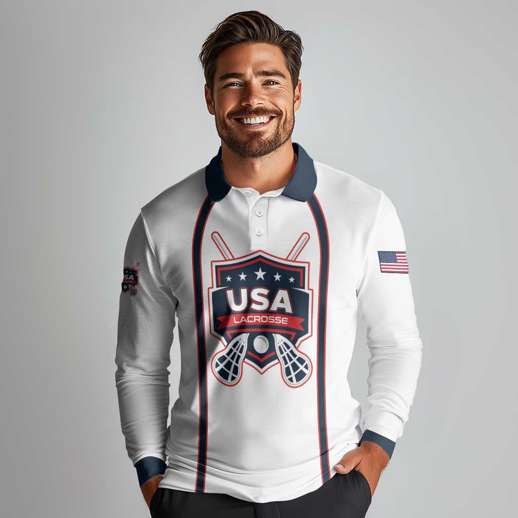 Custom USA 2025 Lacrosse Long Sleeve Polo Shirt USA Growing the Game White Version
