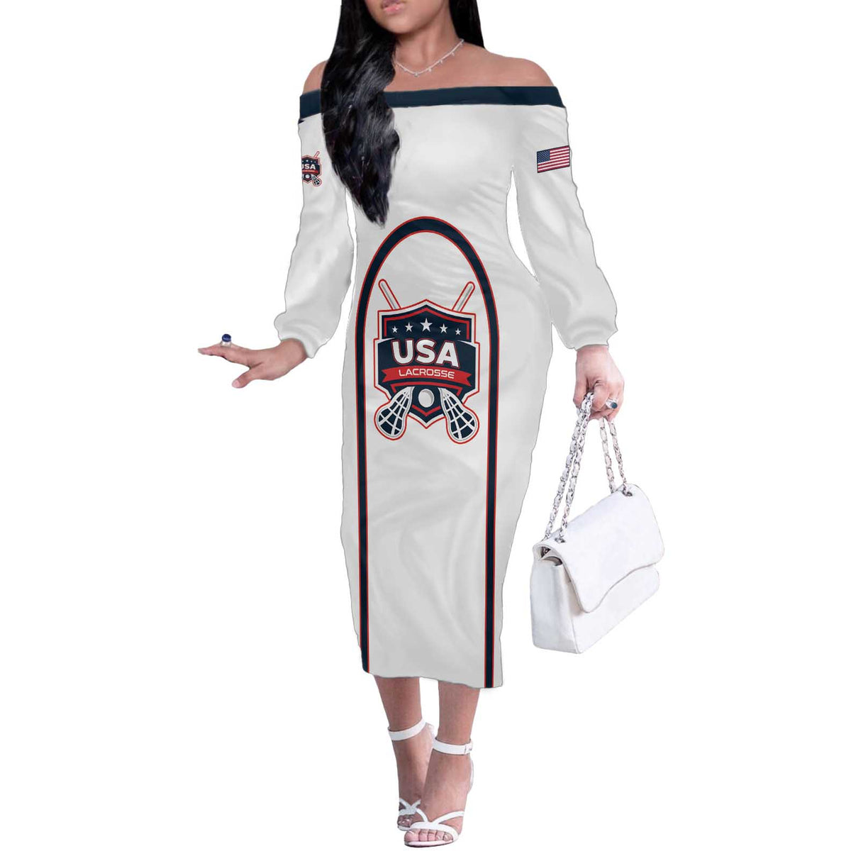 Custom USA 2025 Lacrosse Off The Shoulder Long Sleeve Dress USA Growing the Game White Version