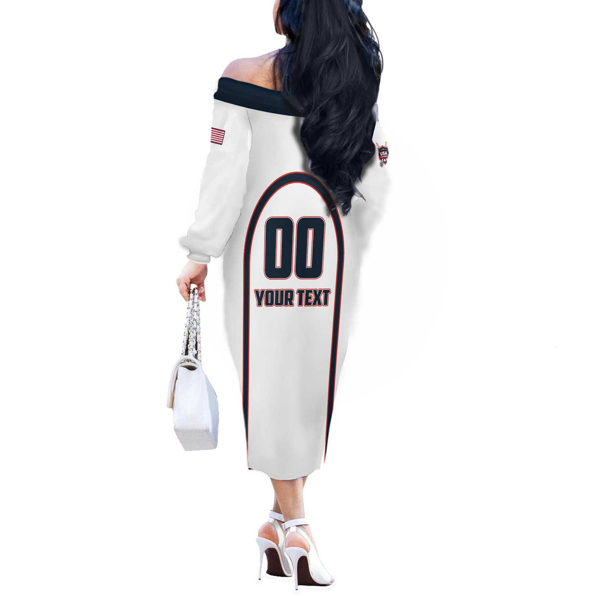 Custom USA 2025 Lacrosse Off The Shoulder Long Sleeve Dress USA Growing the Game White Version
