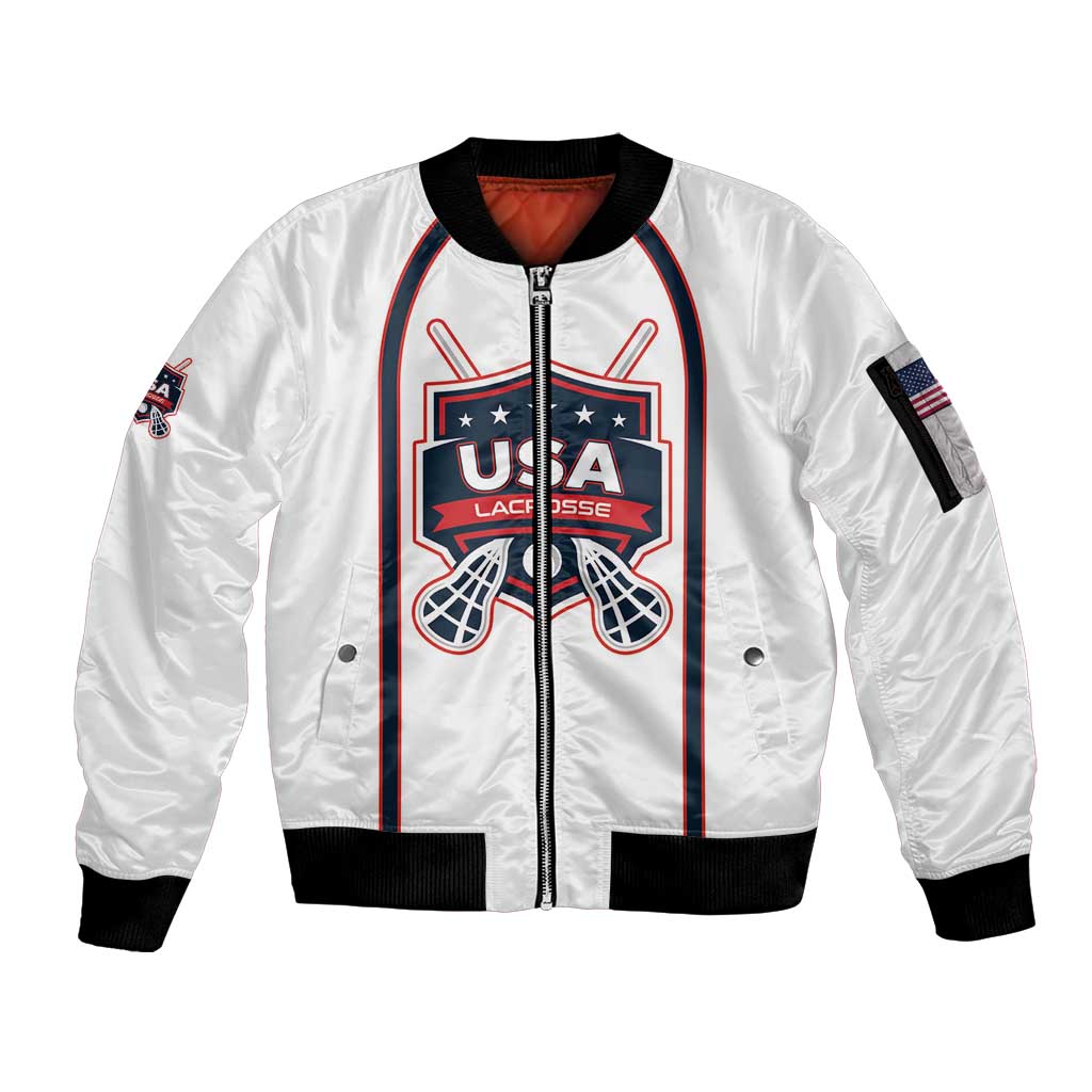 Custom USA 2025 Lacrosse Sleeve Zip Bomber Jacket USA Growing the Game White Version