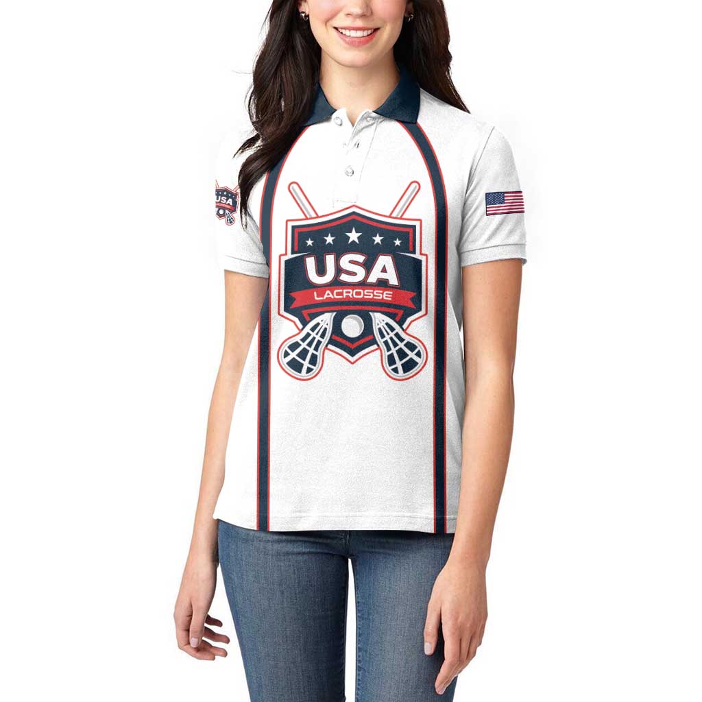 Custom USA 2025 Lacrosse Women Polo Shirt USA Growing the Game White Version