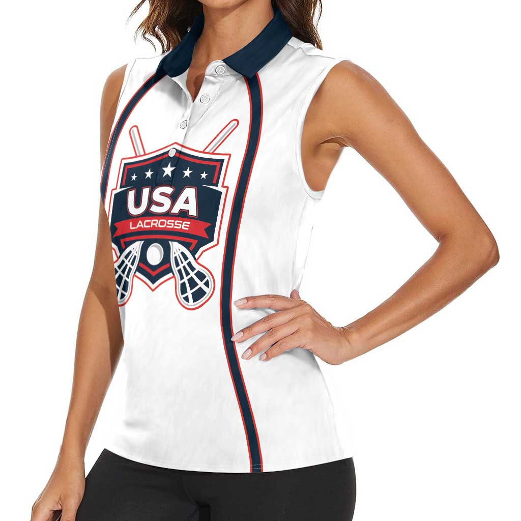 Custom USA 2025 Lacrosse Women Sleeveless Polo Shirt USA Growing the Game White Version