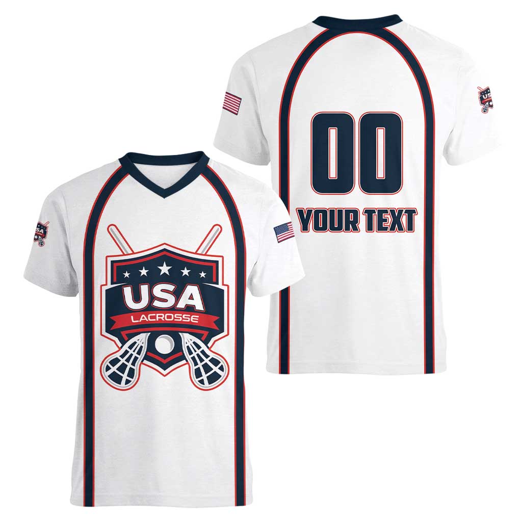 Custom USA 2025 Lacrosse Women V-Neck T-Shirt USA Growing the Game White Version