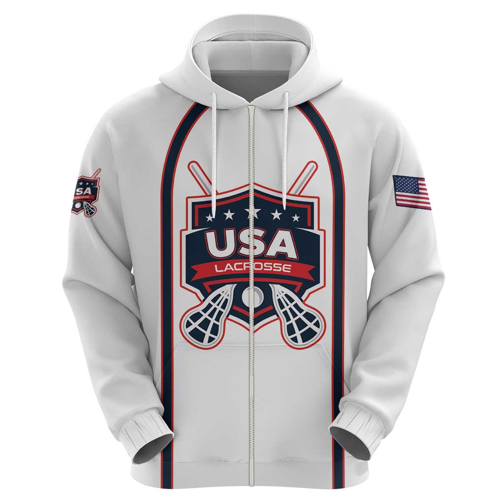 Custom USA 2025 Lacrosse Zip Hoodie USA Growing the Game White Version