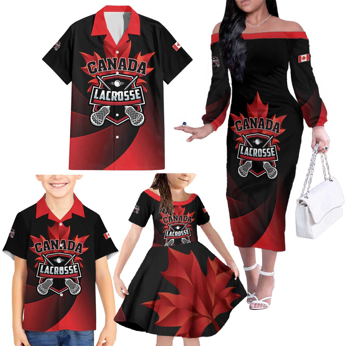 Custom Canada Lacrosse 2025 Family Matching Off The Shoulder Long Sleeve Dress and Hawaiian Shirt Our Country and Our Game