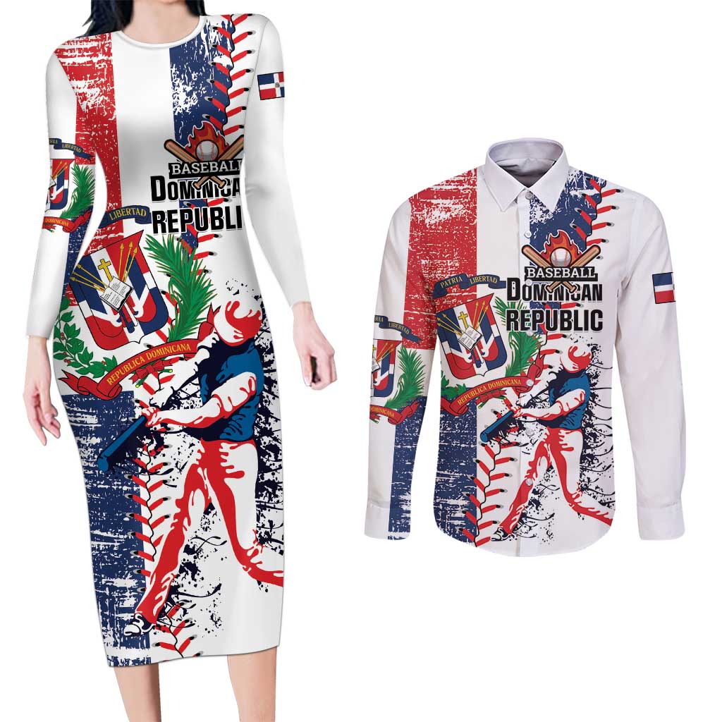 Personalized Baseball Dominican Republic Couples Matching Long Sleeve Bodycon Dress and Long Sleeve Button Shirt Come On Team DR Grunge Style