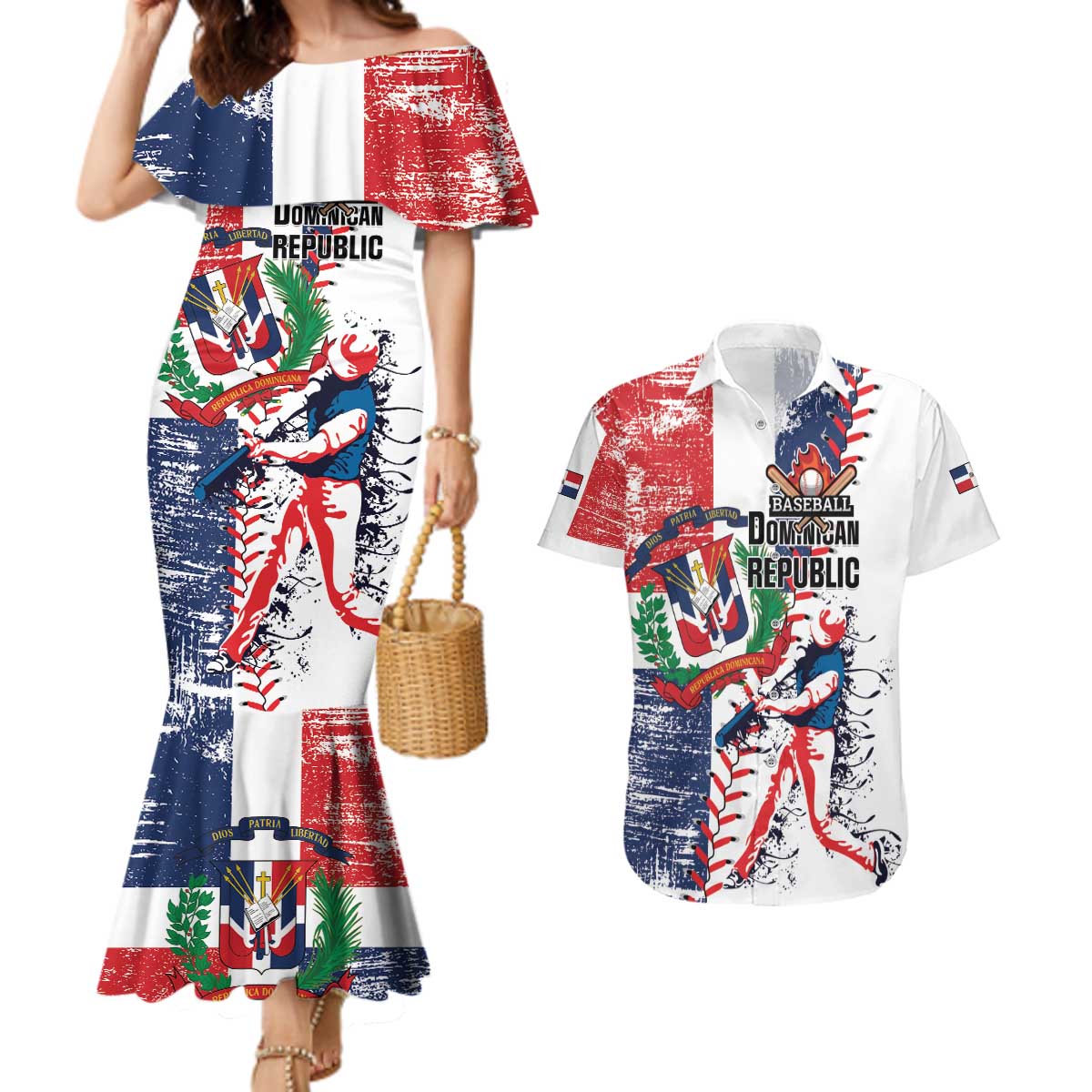 Personalized Baseball Dominican Republic Couples Matching Mermaid Dress and Hawaiian Shirt Come On Team DR Grunge Style