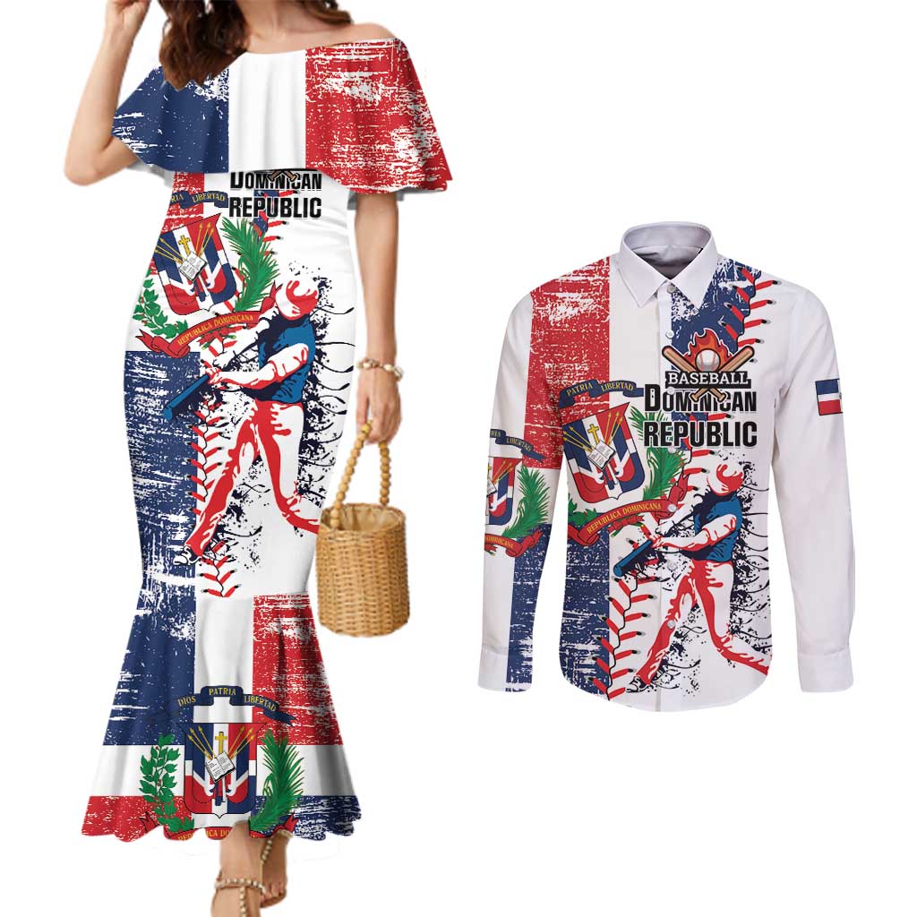 Personalized Baseball Dominican Republic Couples Matching Mermaid Dress and Long Sleeve Button Shirt Come On Team DR Grunge Style