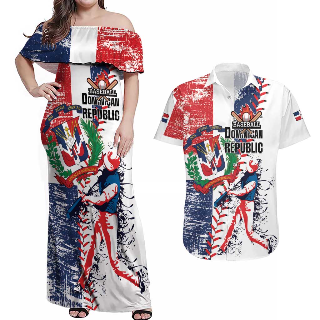 Personalized Baseball Dominican Republic Couples Matching Off Shoulder Maxi Dress and Hawaiian Shirt Come On Team DR Grunge Style