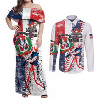 Personalized Baseball Dominican Republic Couples Matching Off Shoulder Maxi Dress and Long Sleeve Button Shirt Come On Team DR Grunge Style