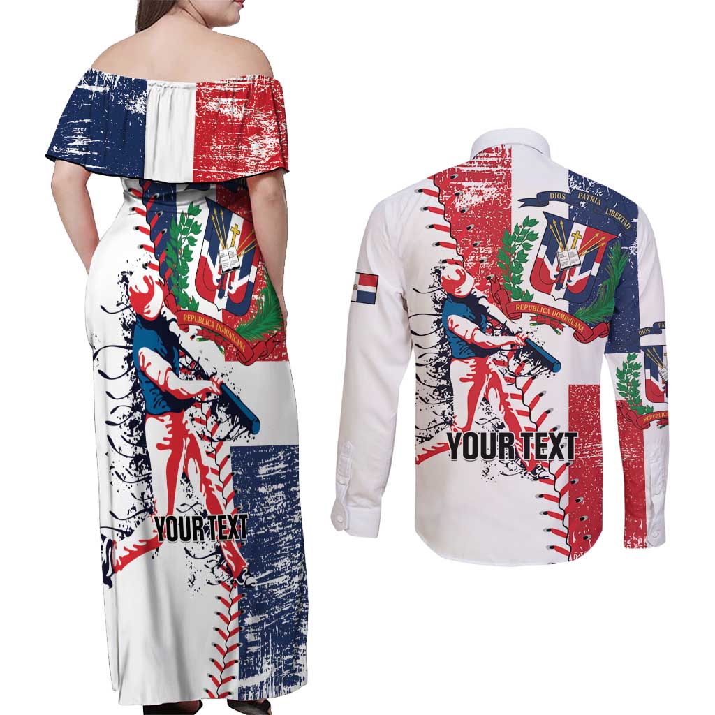 Personalized Baseball Dominican Republic Couples Matching Off Shoulder Maxi Dress and Long Sleeve Button Shirt Come On Team DR Grunge Style