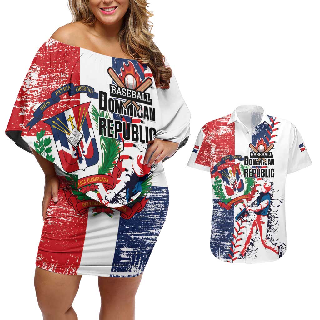 Personalized Baseball Dominican Republic Couples Matching Off Shoulder Short Dress and Hawaiian Shirt Come On Team DR Grunge Style