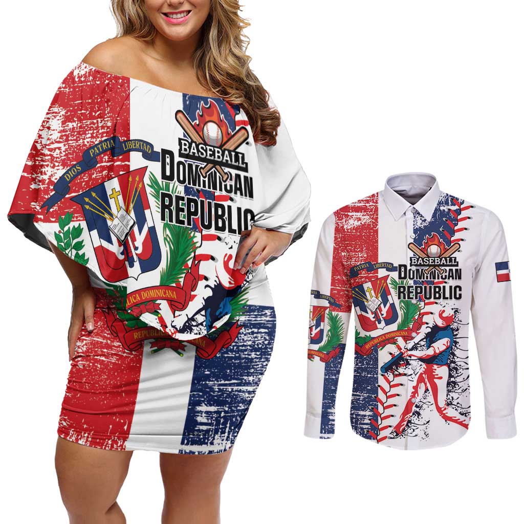 Personalized Baseball Dominican Republic Couples Matching Off Shoulder Short Dress and Long Sleeve Button Shirt Come On Team DR Grunge Style