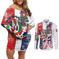 Personalized Baseball Dominican Republic Couples Matching Off Shoulder Short Dress and Long Sleeve Button Shirt Come On Team DR Grunge Style