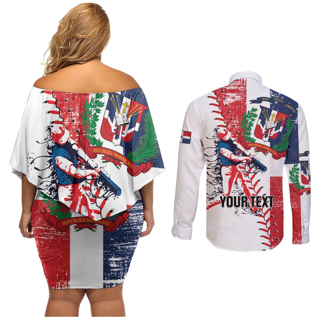 Personalized Baseball Dominican Republic Couples Matching Off Shoulder Short Dress and Long Sleeve Button Shirt Come On Team DR Grunge Style