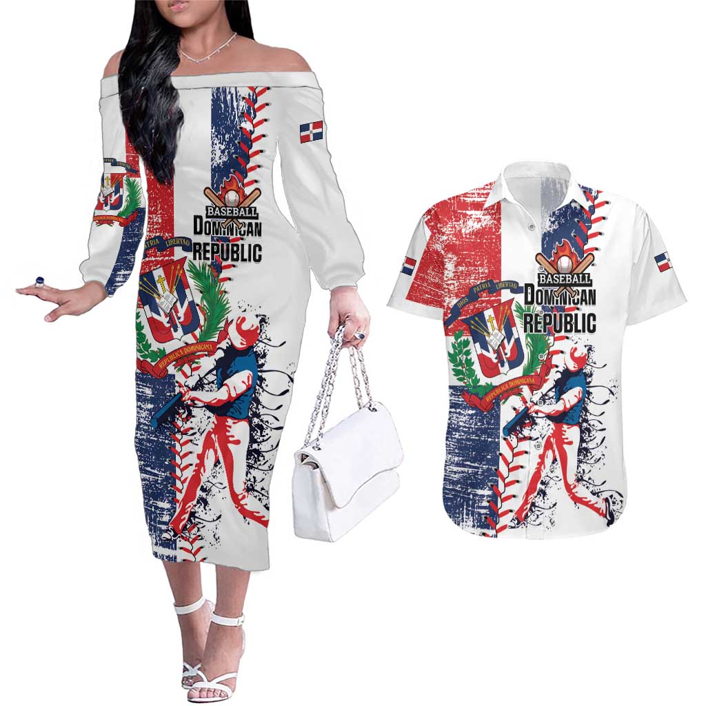 Personalized Baseball Dominican Republic Couples Matching Off The Shoulder Long Sleeve Dress and Hawaiian Shirt Come On Team DR Grunge Style