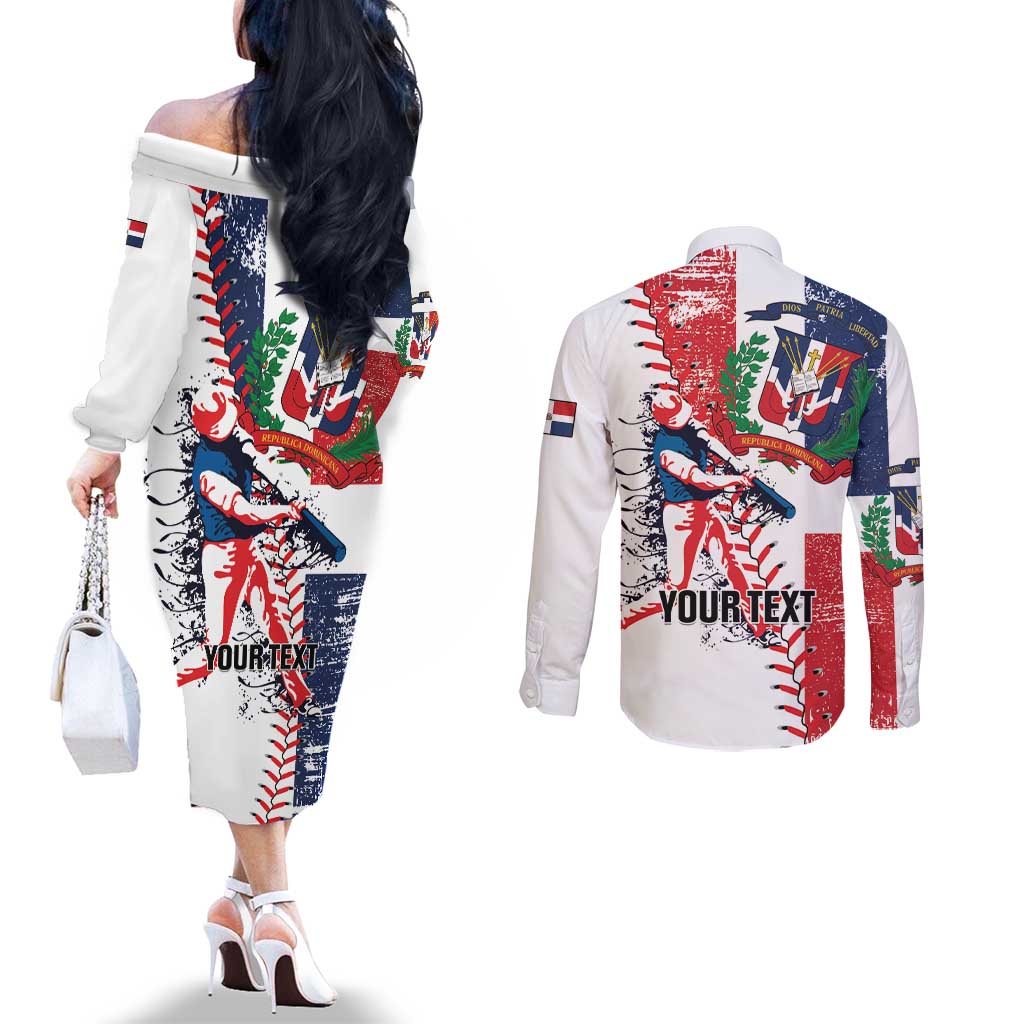 Personalized Baseball Dominican Republic Couples Matching Off The Shoulder Long Sleeve Dress and Long Sleeve Button Shirt Come On Team DR Grunge Style