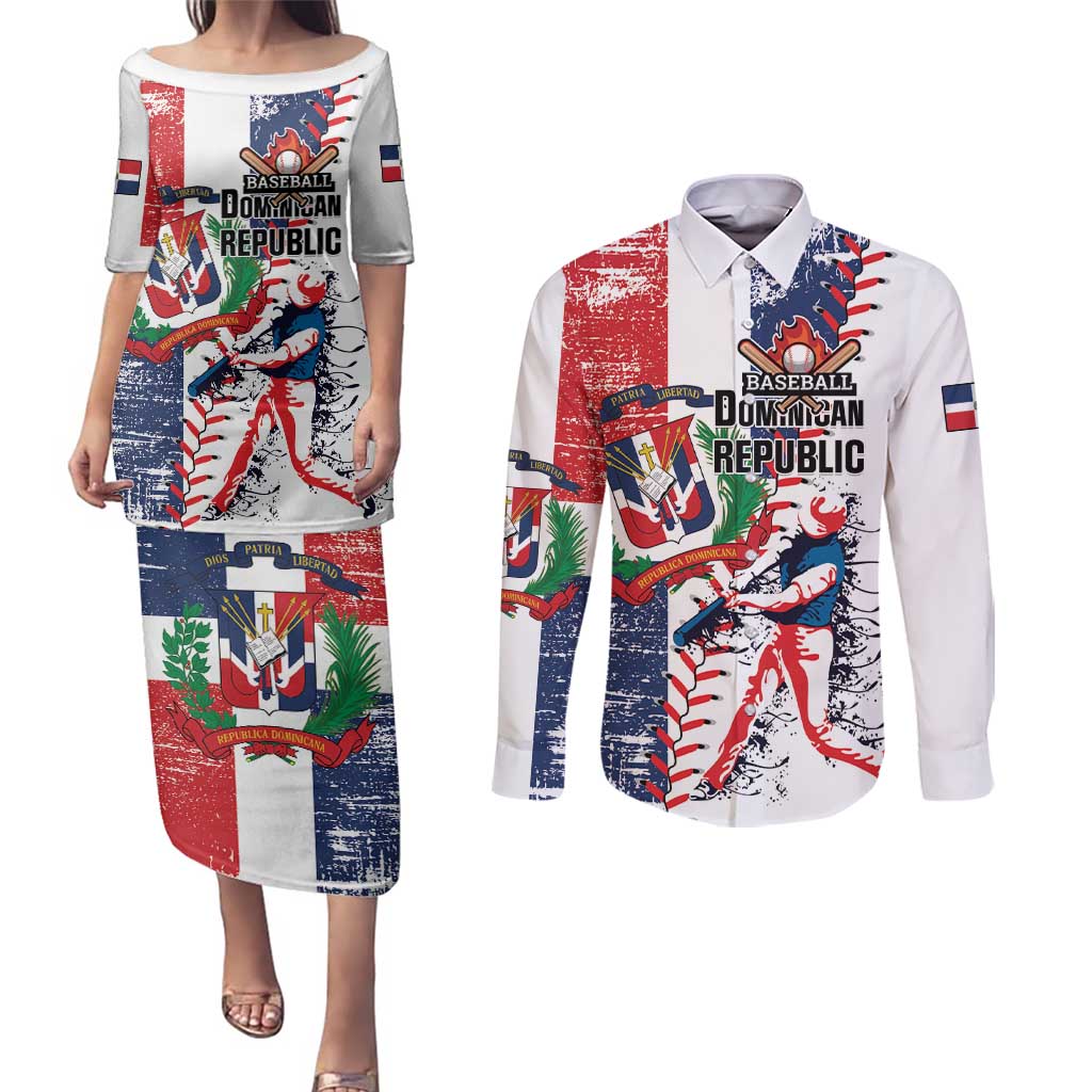 Personalized Baseball Dominican Republic Couples Matching Puletasi and Long Sleeve Button Shirt Come On Team DR Grunge Style