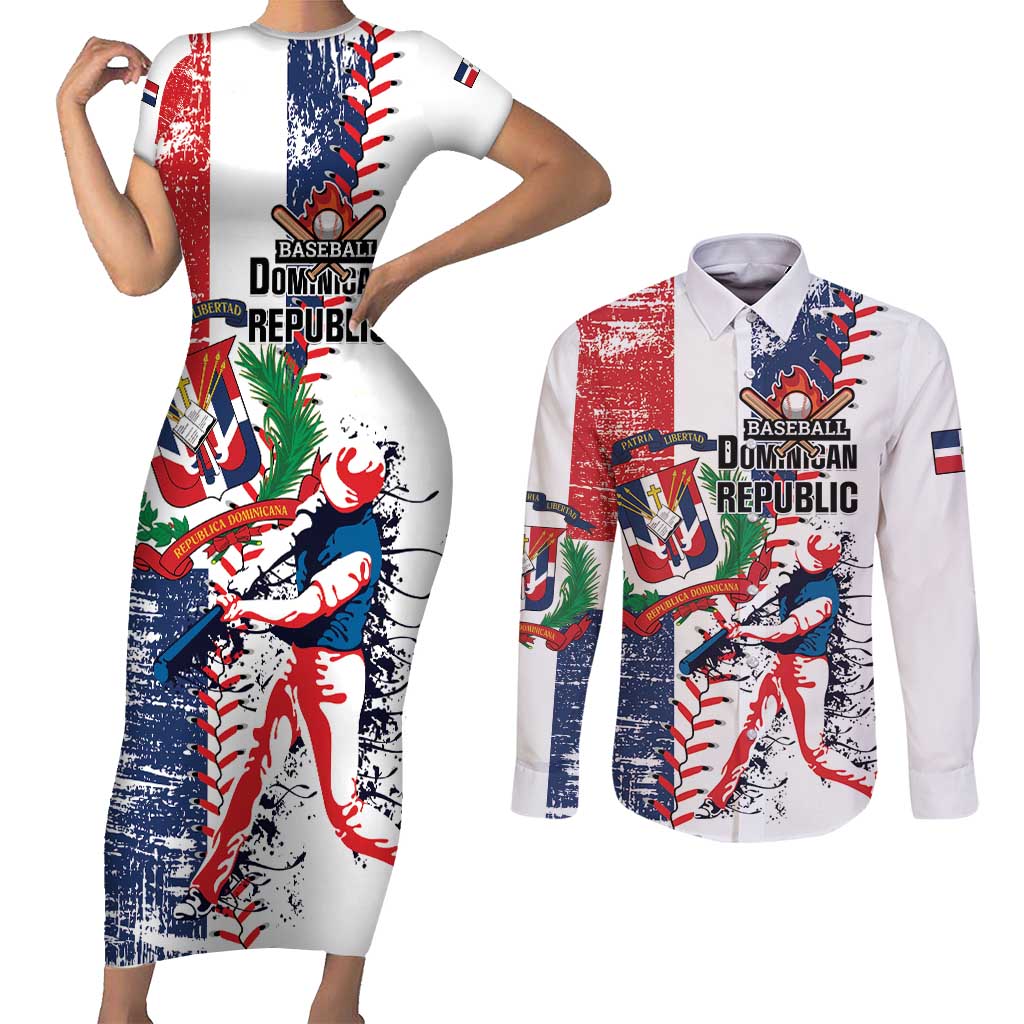 Personalized Baseball Dominican Republic Couples Matching Short Sleeve Bodycon Dress and Long Sleeve Button Shirt Come On Team DR Grunge Style
