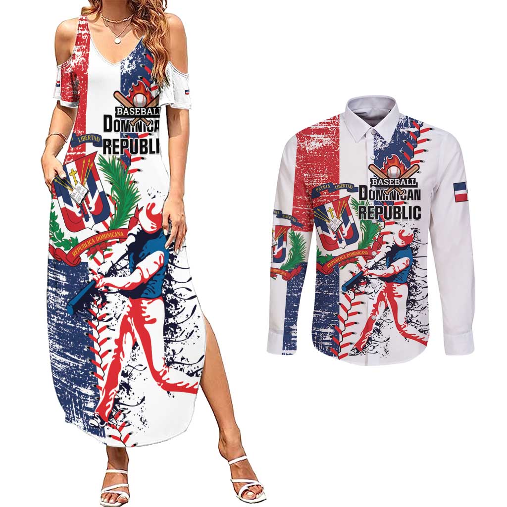 Personalized Baseball Dominican Republic Couples Matching Summer Maxi Dress and Long Sleeve Button Shirt Come On Team DR Grunge Style