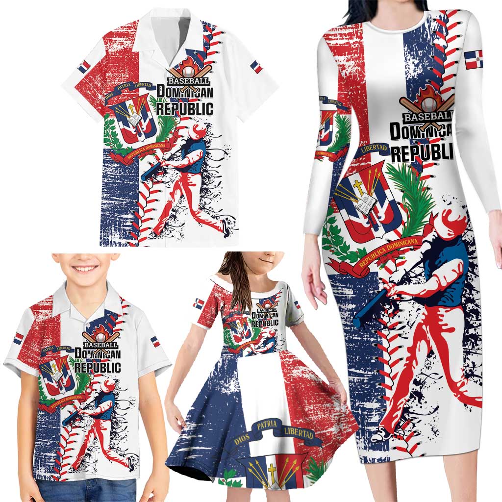 Personalized Baseball Dominican Republic Family Matching Long Sleeve Bodycon Dress and Hawaiian Shirt Come On Team DR Grunge Style