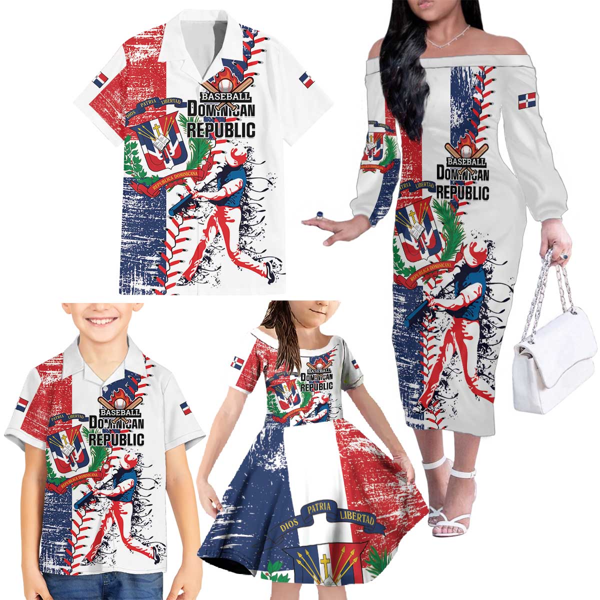 Personalized Baseball Dominican Republic Family Matching Off The Shoulder Long Sleeve Dress and Hawaiian Shirt Come On Team DR Grunge Style