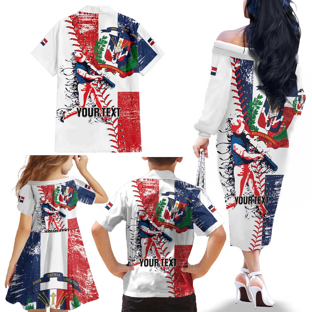 Personalized Baseball Dominican Republic Family Matching Off The Shoulder Long Sleeve Dress and Hawaiian Shirt Come On Team DR Grunge Style