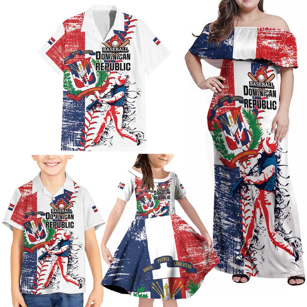 Personalized Baseball Dominican Republic Family Matching Off Shoulder Maxi Dress and Hawaiian Shirt Come On Team DR Grunge Style