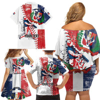 Personalized Baseball Dominican Republic Family Matching Off Shoulder Short Dress and Hawaiian Shirt Come On Team DR Grunge Style