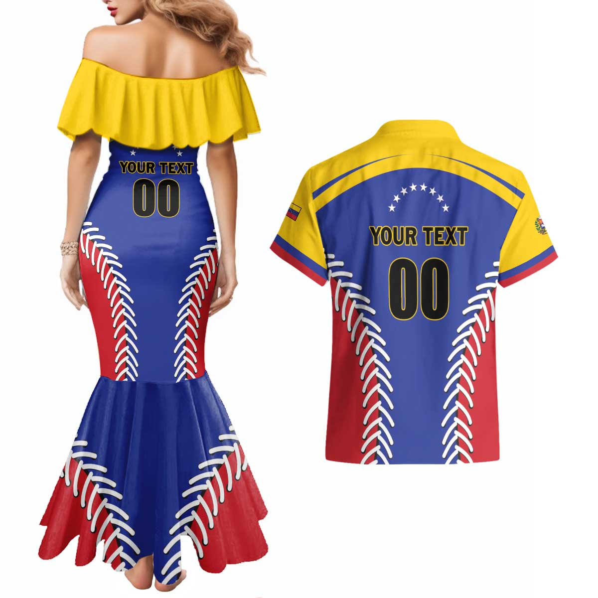 Custom Baseball Venezuela Couples Matching Mermaid Dress and Hawaiian Shirt Team Venezuela Go Champions