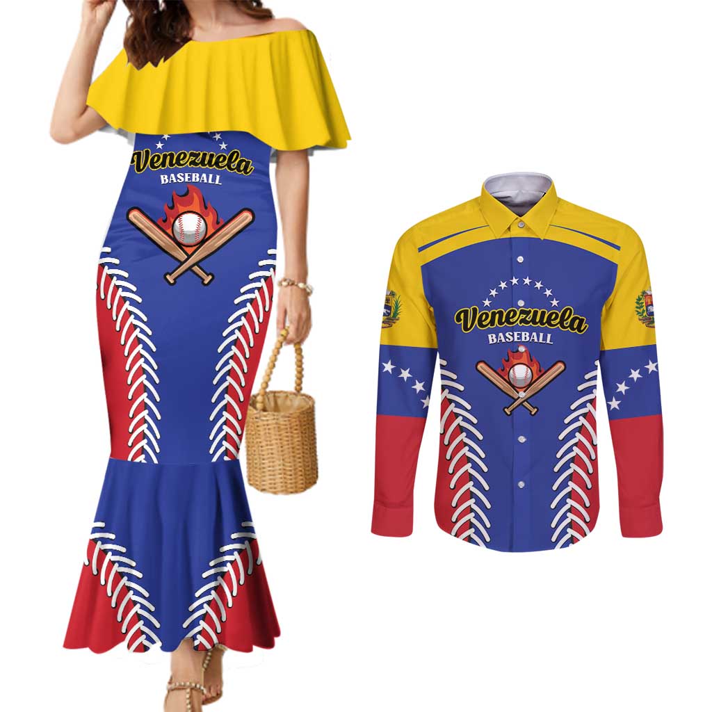 Custom Baseball Venezuela Couples Matching Mermaid Dress and Long Sleeve Button Shirt Team Venezuela Go Champions