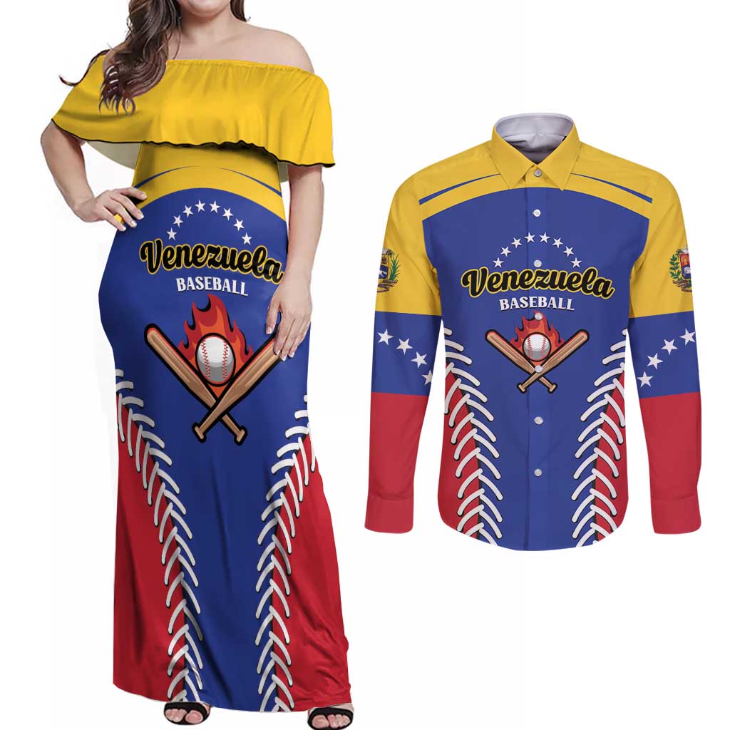 Custom Baseball Venezuela Couples Matching Off Shoulder Maxi Dress and Long Sleeve Button Shirt Team Venezuela Go Champions
