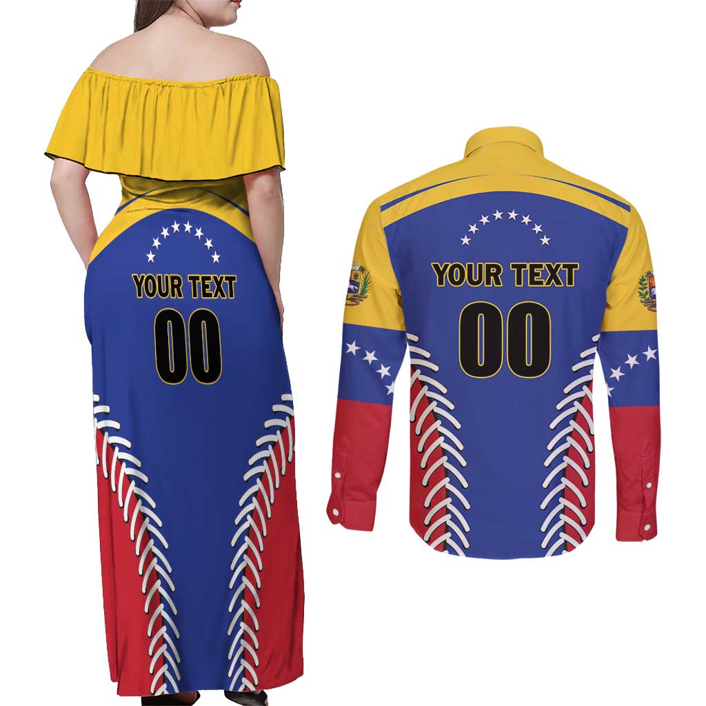 Custom Baseball Venezuela Couples Matching Off Shoulder Maxi Dress and Long Sleeve Button Shirt Team Venezuela Go Champions