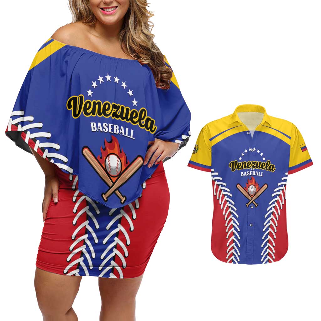 Custom Baseball Venezuela Couples Matching Off Shoulder Short Dress and Hawaiian Shirt Team Venezuela Go Champions