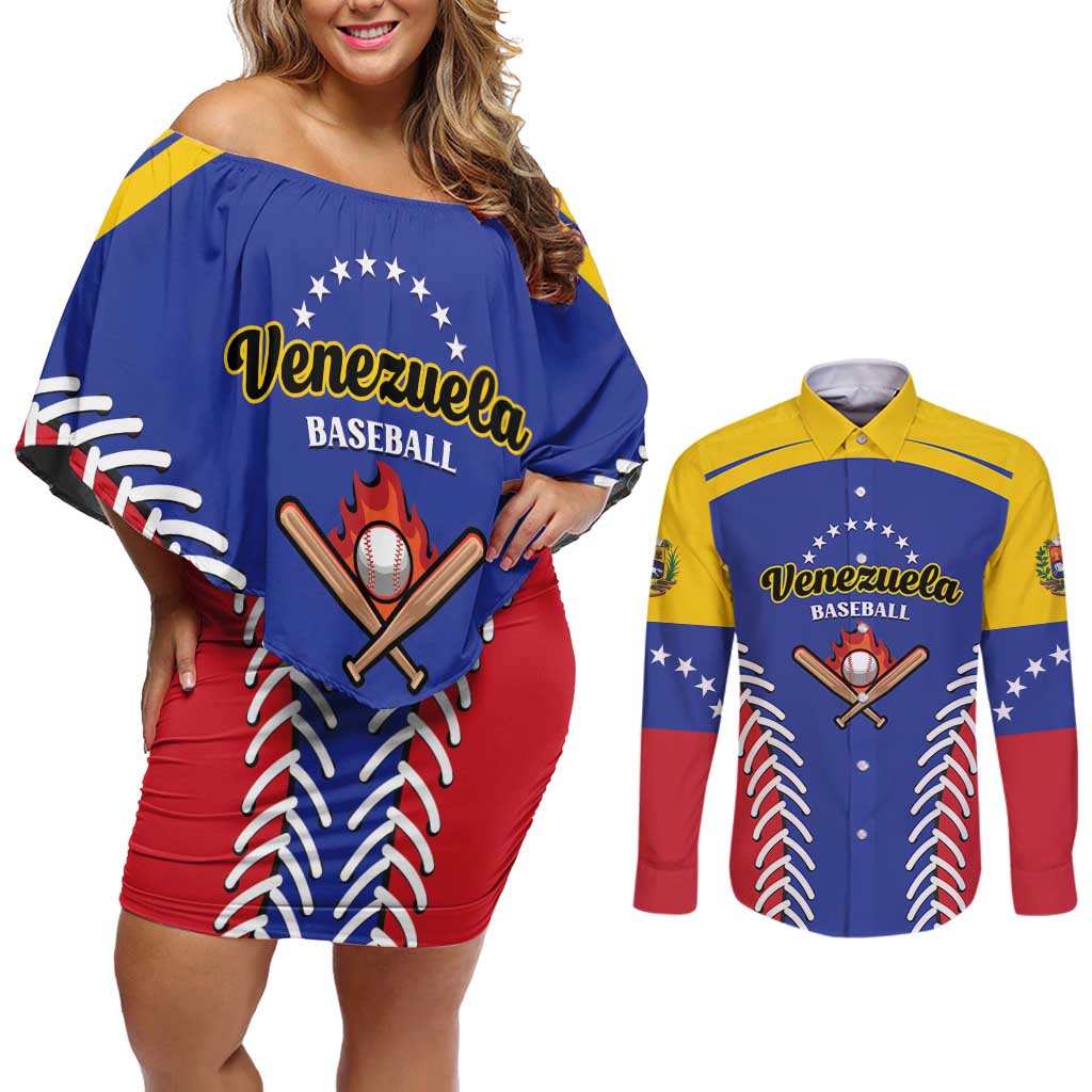 Custom Baseball Venezuela Couples Matching Off Shoulder Short Dress and Long Sleeve Button Shirt Team Venezuela Go Champions
