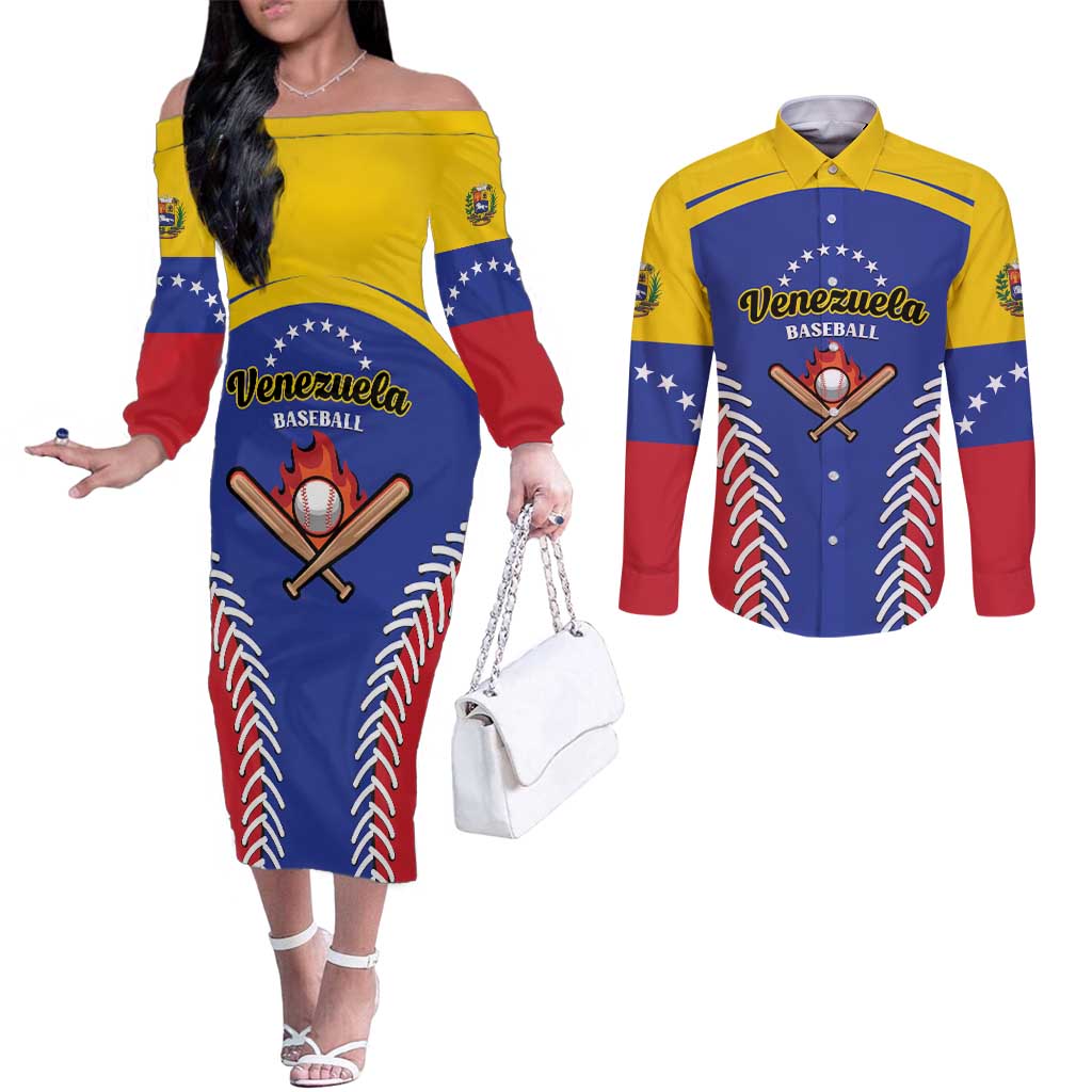 Custom Baseball Venezuela Couples Matching Off The Shoulder Long Sleeve Dress and Long Sleeve Button Shirt Team Venezuela Go Champions