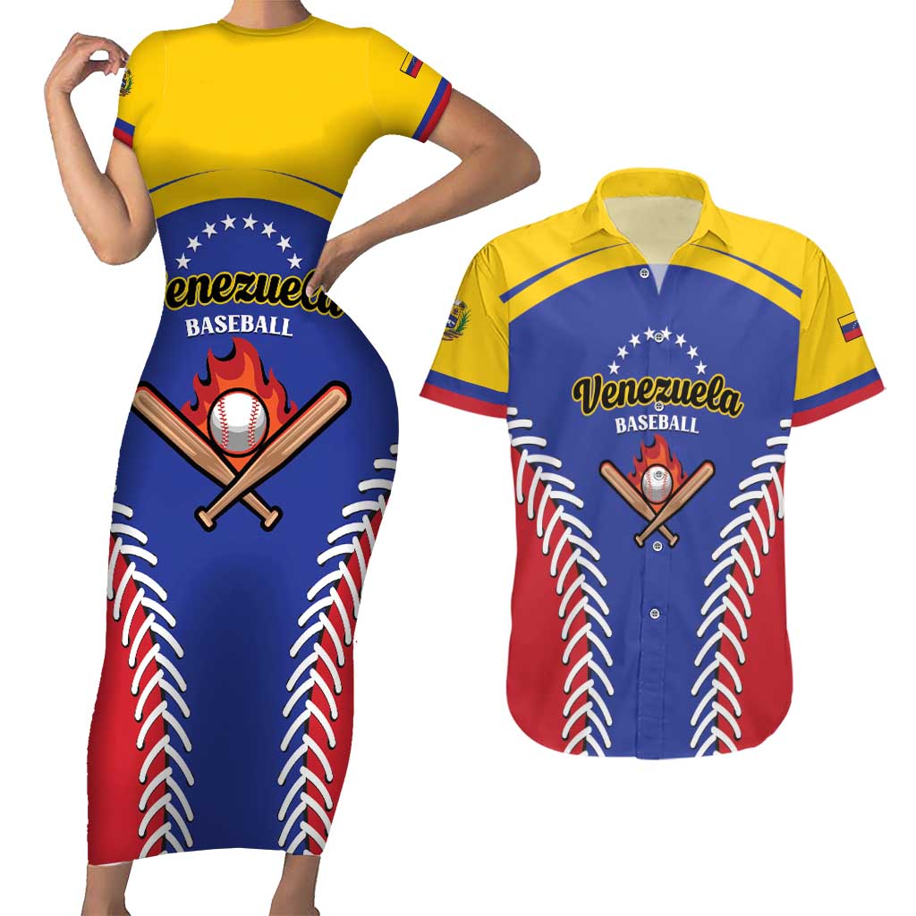 Custom Baseball Venezuela Couples Matching Short Sleeve Bodycon Dress and Hawaiian Shirt Team Venezuela Go Champions