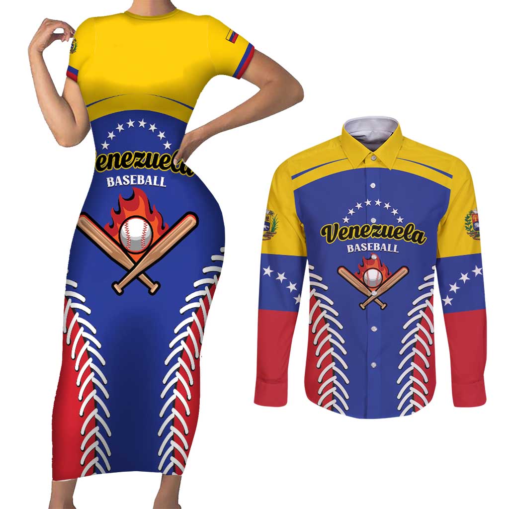 Custom Baseball Venezuela Couples Matching Short Sleeve Bodycon Dress and Long Sleeve Button Shirt Team Venezuela Go Champions