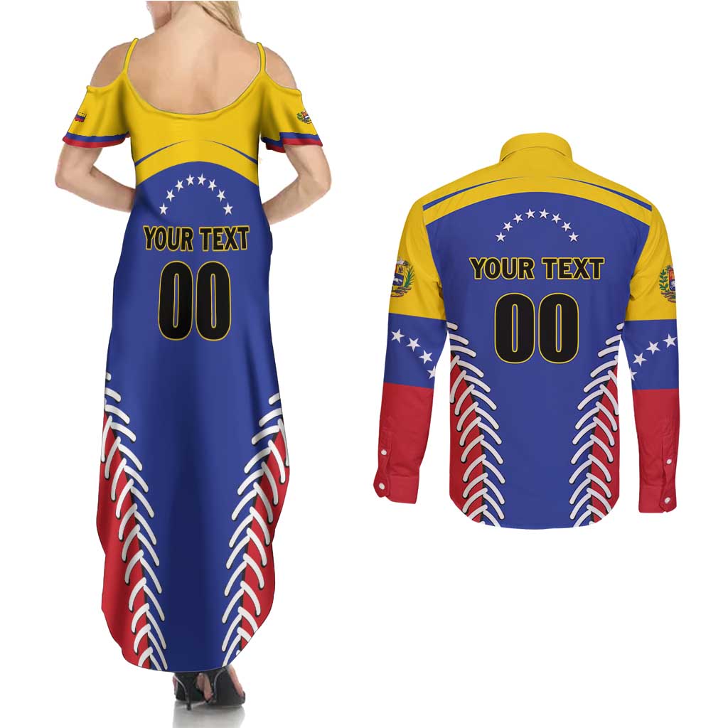 Custom Baseball Venezuela Couples Matching Summer Maxi Dress and Long Sleeve Button Shirt Team Venezuela Go Champions