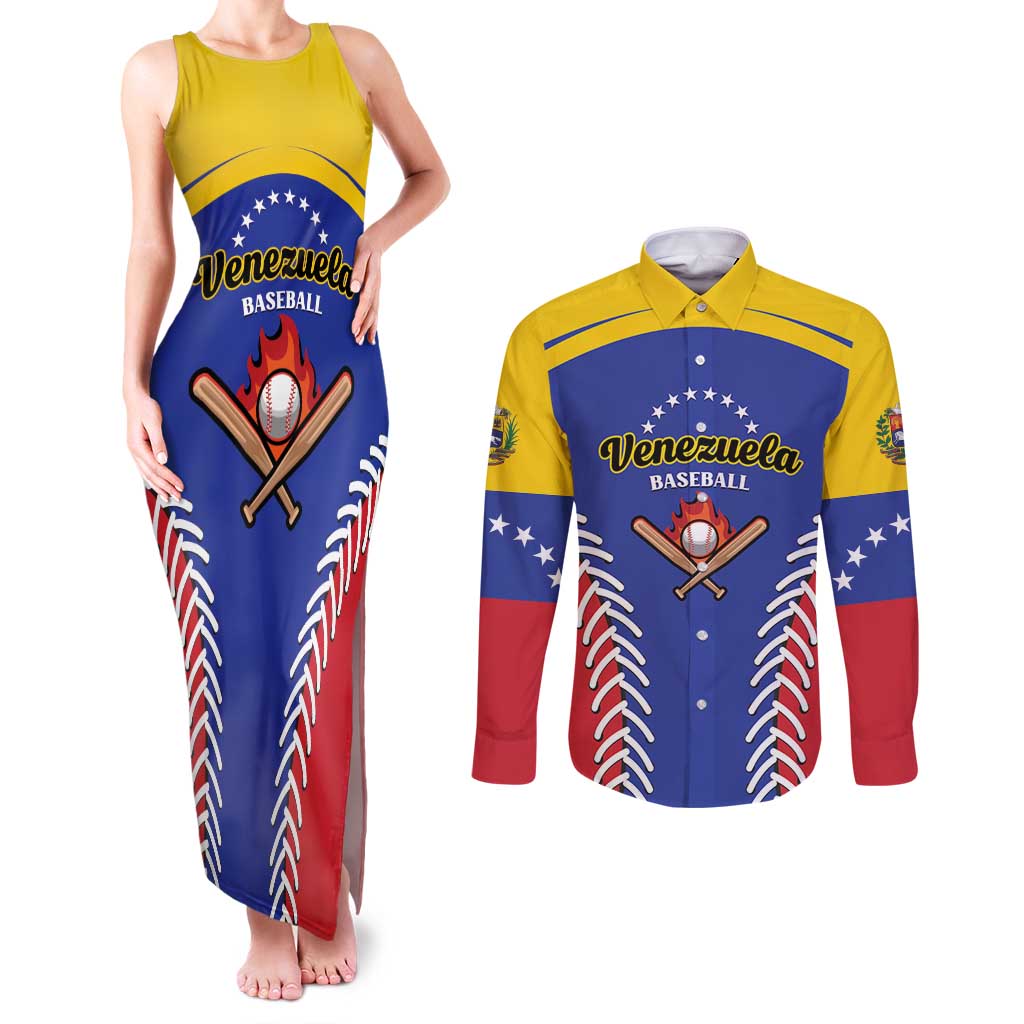 Custom Baseball Venezuela Couples Matching Tank Maxi Dress and Long Sleeve Button Shirt Team Venezuela Go Champions